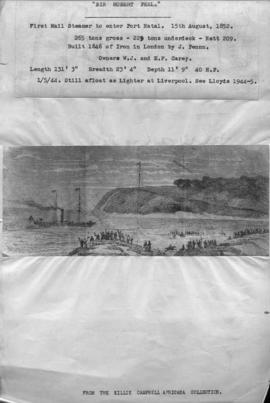 Durban, 15 August 1852. The first steam ship 'Sir Robert Peel' to enter Port Natal. Durban Harbour.