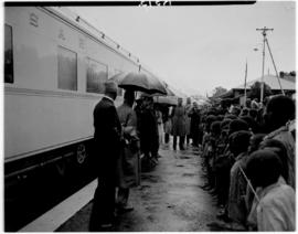 Sterkstroom, 6 March 1947. Rainy greeting to Royal family on station platform.