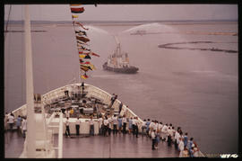 Richards Bay, April 1976. Guests on the 'SA Vaal' for the official opening of Richards Bay Harbou...