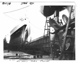 Durban, January 1971. 'Safocean Auckland' in dry dock in Durban Harbour.