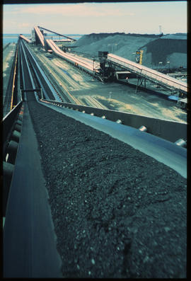 Richards Bay, November 1979. Coal on conveyor belt at Richards Bay Harbour. [De Waal Louw]
