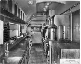 
Blue Train kitchen car interior.
