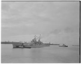 Cape Town, 24 April 1947. 'HMS Vanguard' leaving Table Bay harbour at the end of the Royal visit.