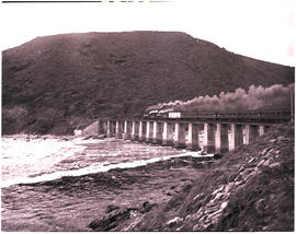 Wilderness, 1948. Passenger train crossing Kaaimans River bridge.