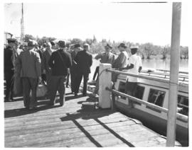 Vaal Dam, 1 May 1948. Group on jetty after arrival of the demonstration flight by BOAC Solent Fly...