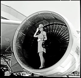 
SAA Boeing 747 ZS-SAN 'Lebombo' with hostess standing inside engine inlet.
