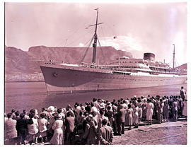 Cape Town, 1953. 'Athlone Castle' of the Union-Castle Line leaving Table Bay harbour.