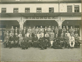 Windhoek, South-West Africa. Railway staff outside station building.