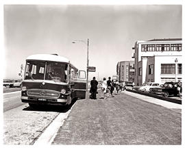 Port Elizabeth, 1965. SAR Mercedes Benz tour bus No MT16932 at Marine Hotel. Note left hand drive.