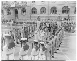 Cape Town, 21 February 1947. King George VI and Queen Elizabeth leaving the Houses of Parliament ...